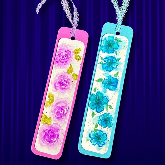 Handmade Set of 2 Hand Painted Floral Design Watercolor Pink and Blue Bookmarks - Picture 4 of 4